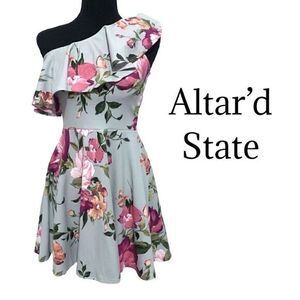 ALTAR’D STATE Floral Gray/Blue Pink Ruffle One Shoulder Dress Sz S NWOT